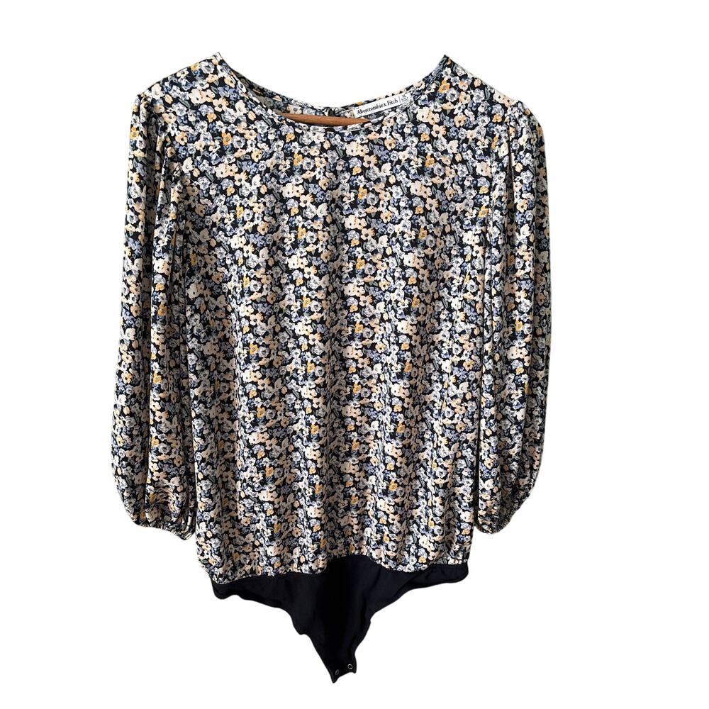 Abercrombie & Fitch Women's XL Floral Blue Multi Puff Balloon Sleeve Body Suit